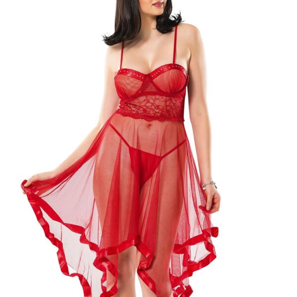 Kırmızı Petli Tül Şifon Gecelik - 229