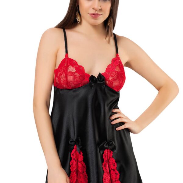 Siyah Kırmızı Saten Gecelik - M-309