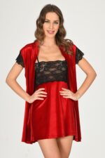 Kırmızı Kadife Sabahlık & Gecelik Takım 2' Li - 1428 - Görsel 2