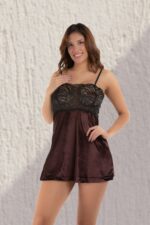 Kahverengi Kadife Sabahlık & Gecelik Takım 2' Li - 1429 - Görsel 2