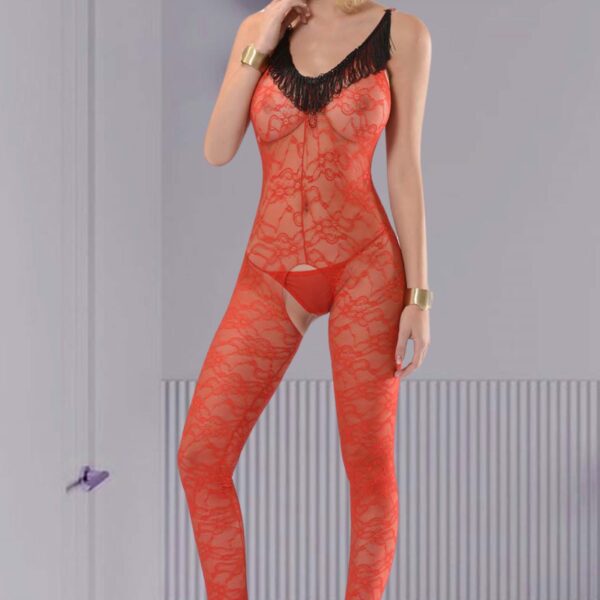 Kırmızı Siyah Püskül Detay Vücut Çorabı - 1027