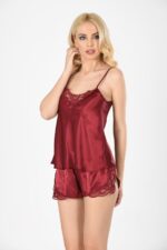 Bordo Saten Babydoll Şortlu Takım - 281 - Görsel 2
