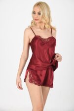 Bordo Saten Babydoll Şortlu Takım - 281 - Görsel 3