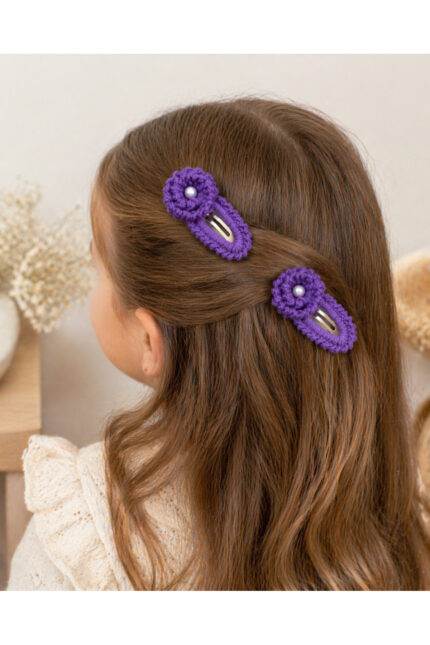 %100 Pamuk El Yapımı Örgü 2'li Mor Çiçek Çıtçıt Toka – Bebek & Kız Çocuk Saç Aksesuarı