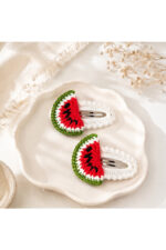 %100 Pamuk El Yapımı Örgü 2'li Karpuz Çıtçıt Toka – Bebek & Kız Çocuk Saç Aksesuarı - Görsel 2