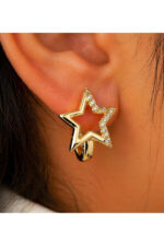 Taşlı Yıldız Halka Küpe Paslanmaz Çelik Gold - Görsel 2