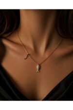 Balık Figürlü Taşlı Şans Kolye Paslanmaz Çelik Gold - Görsel 2