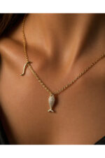 Balık Figürlü Taşlı Şans Kolye Paslanmaz Çelik Gold - Görsel 3