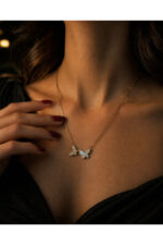 Çift Kelebek Figürlü Zarif Taşlı Kolye Paslanmaz Çelik