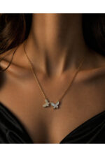 Çift Kelebek Figürlü Zarif Taşlı Kolye Paslanmaz Çelik - Görsel 2