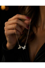 Çift Kelebek Figürlü Zarif Taşlı Kolye Paslanmaz Çelik - Görsel 3