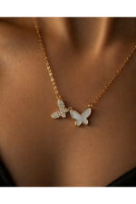 Çift Kelebek Figürlü Zarif Taşlı Kolye Paslanmaz Çelik - Görsel 4
