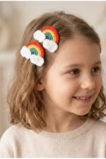 %100 Pamuk El Yapımı Örgü 2'li Gökkuşağı Çıtçıt Toka – Bebek & Kız Çocuk Saç Aksesuarı