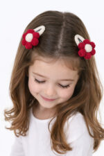 %100 Pamuk El Yapımı Örgü 2'li Çiçek Çıtçıt Toka – Bebek & Kız Çocuk Saç Aksesuarı - Görsel 2