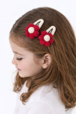 %100 Pamuk El Yapımı Örgü 2'li Çiçek Çıtçıt Toka – Bebek & Kız Çocuk Saç Aksesuarı - Görsel 3