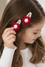 %100 Pamuk El Yapımı Örgü 2'li Çiçek Çıtçıt Toka – Bebek & Kız Çocuk Saç Aksesuarı - Görsel 4