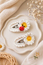 %100 Pamuk El Yapımı Örgü 2'li Çıtçıt Toka – Bebek & Kız Çocuk Saç Aksesuarı - Görsel 4