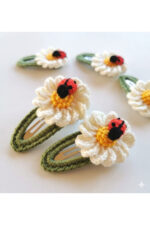 %100 Pamuk El Yapımı Örgü 2'li Çiçek Çıtçıt Toka – Bebek & Kız Çocuk Saç Aksesuarı - Görsel 2