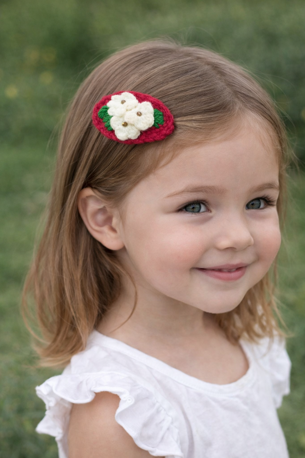 file_000000000b847246b617d75d93c9c6f2 Kız Çocuk Saç Tokası El Örgüsü Kırmızı Çiçekli Toka - Görsel 1