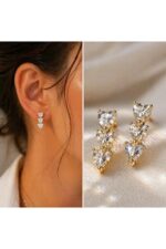 Noirlin Jewelery 3'lü Kalp Zirkon Taşlı Sallantılı Küpe Paslanmaz Çelik - Görsel 2