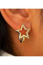 Noirlin Jewelery Taşlı Yıldız Halka Küpe Paslanmaz Çelik Gold - Görsel 2