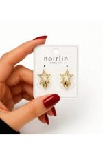 Noirlin Jewelery Taşlı Yıldız Halka Küpe Paslanmaz Çelik Gold - Görsel 3
